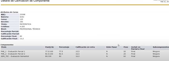 calificacion de cada materia cursada en sinfo senati
