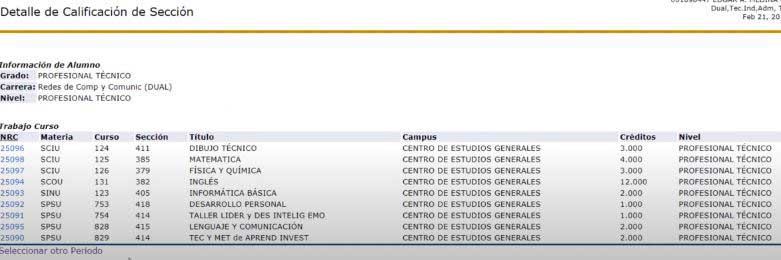 calificacion y notas en sinfo senati