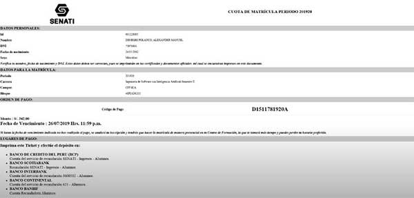 informacion de pago para matricula en sinfo senati
