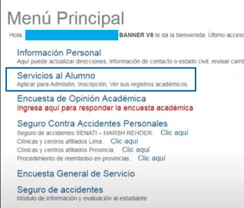menu principal en sinfo senati para horarios de clases