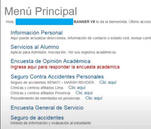 menu principal en sinfo senati