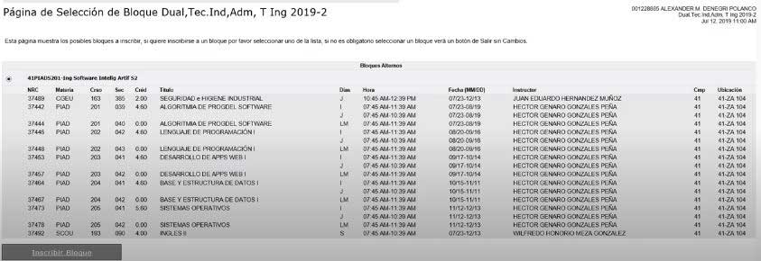 seleccionar bloque para matricula en sinfo senati